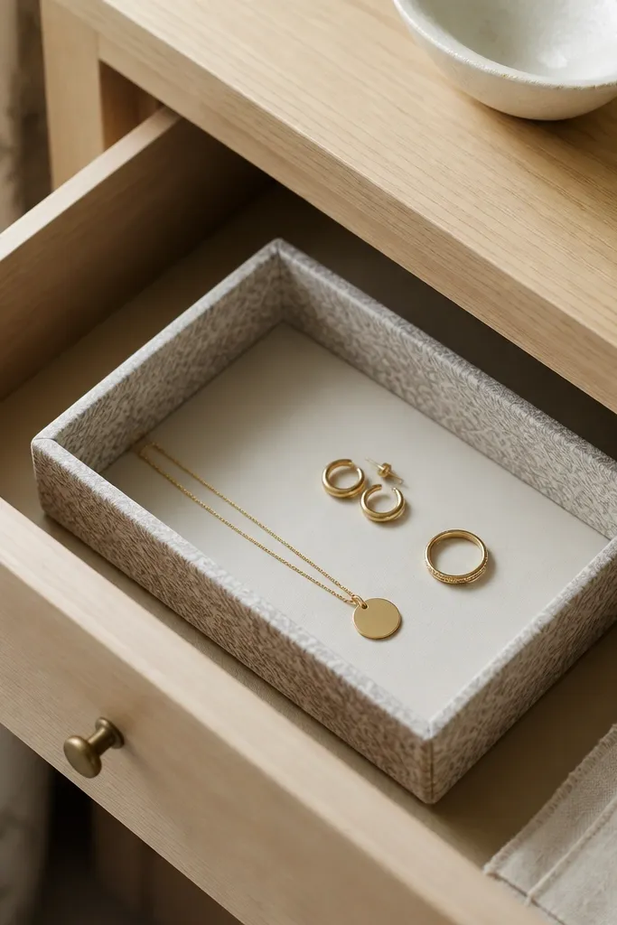 A small organizer tray with crisp corners. The tray is lined with a soft patterned fabric in muted tones, and the inside base looks smooth and clean. It sits in a shallow drawer.