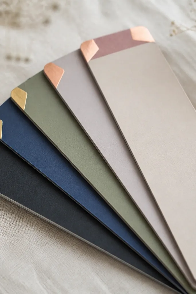 A stack of six bookmarks. Each has a matte background with a small foil corner accent in gold or rose gold. The edges look thick and neatly laminated, not flimsy.