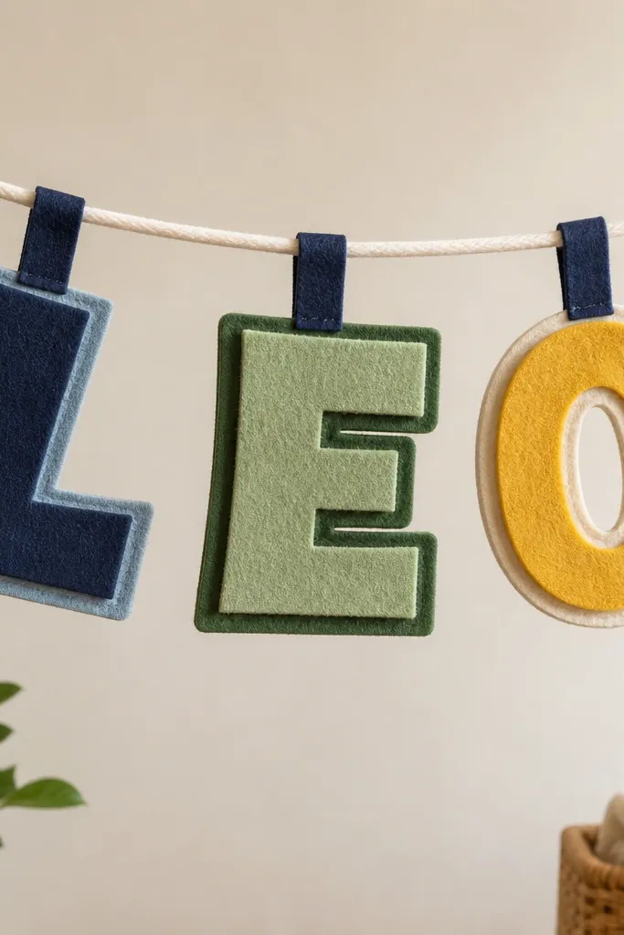A felt banner spelling a short name. The letters are cut from different felt colors and layered with slight offsets. The banner hangs from a string with evenly spaced loops.