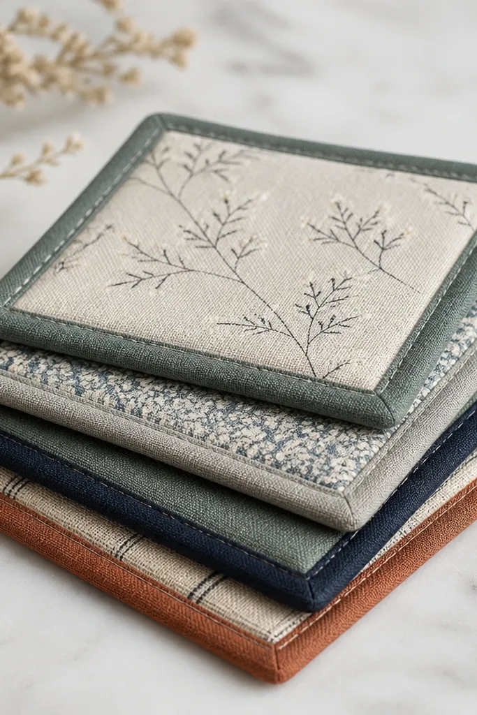 Four fabric coasters stacked neatly. Each coaster has a simple stitched square shape with contrast binding around the edges. The fabric looks like linen and cotton prints in muted tones.