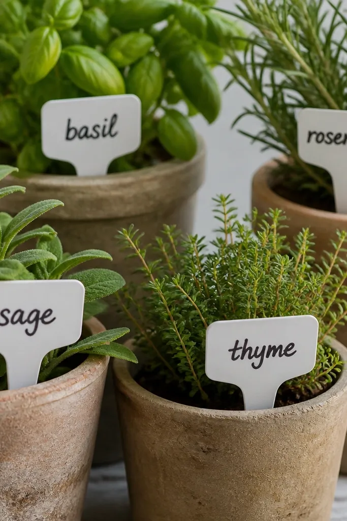 A set of small plant labels on pots. The labels are white with hand-written herb names in dark charcoal chalk paint, and a glossy clear tape strip on top for protection.