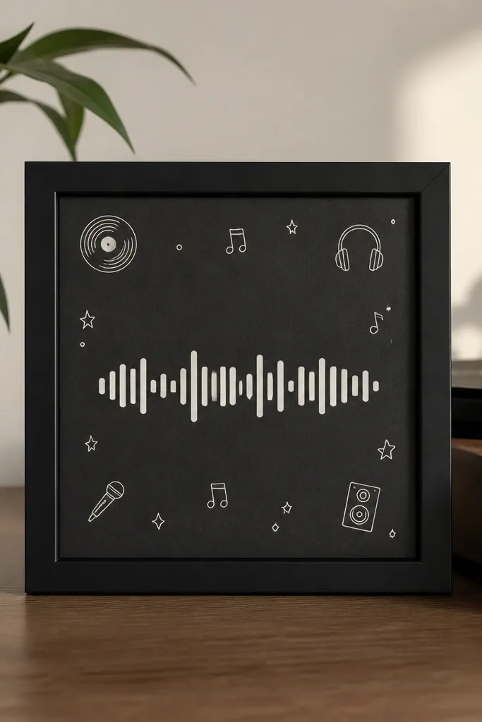 A square black-framed tile with a Spotify code printed in the center. Around it are small music-themed icons in white, and the tile surface looks matte with clean edges.