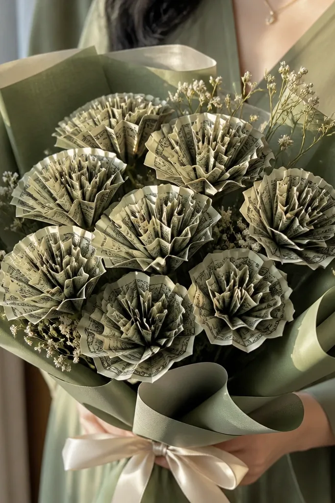 Folded money bills in fan shapes like carnations with sage ribbon and greenery