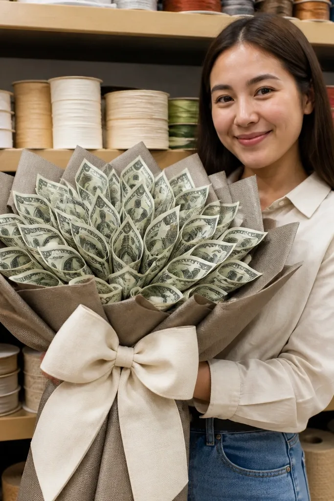 A bow-tied bouquet with money petal shapes and minimal greenery