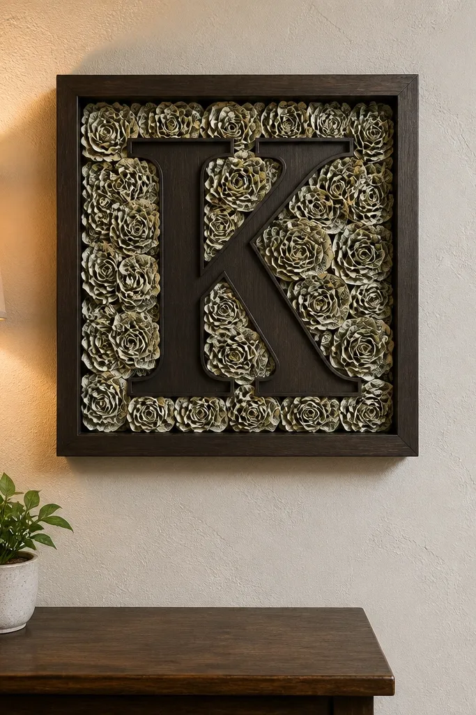 A wall frame with a letter and money flowers arranged like a bouquet