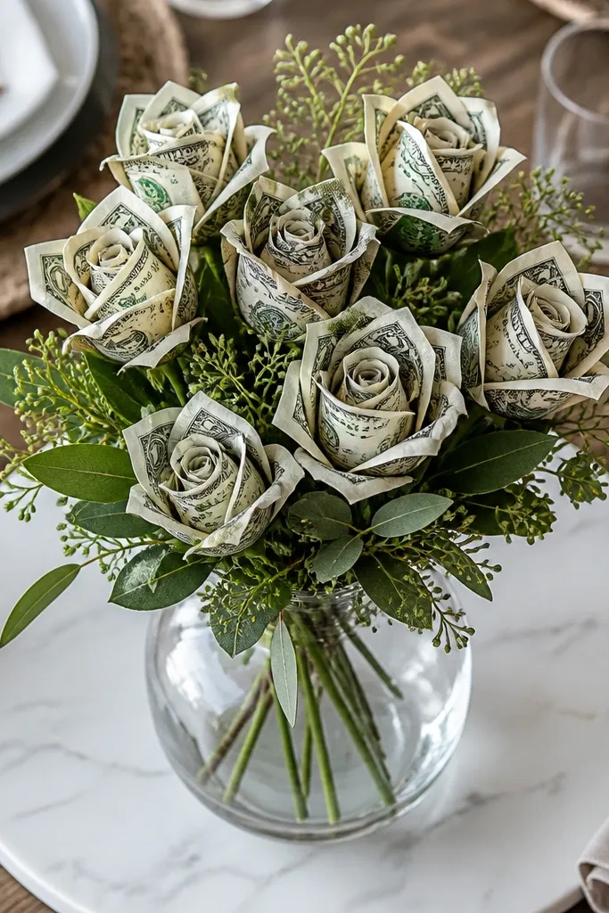 Money flowers in small bundles sitting in a clear vase with greenery