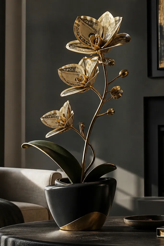 Black and gold money orchid-style flowers on a spray stem with dark greenery