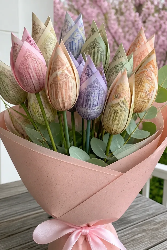 Pastel tulip-like money flowers with soft pink wrapping paper and pale greenery