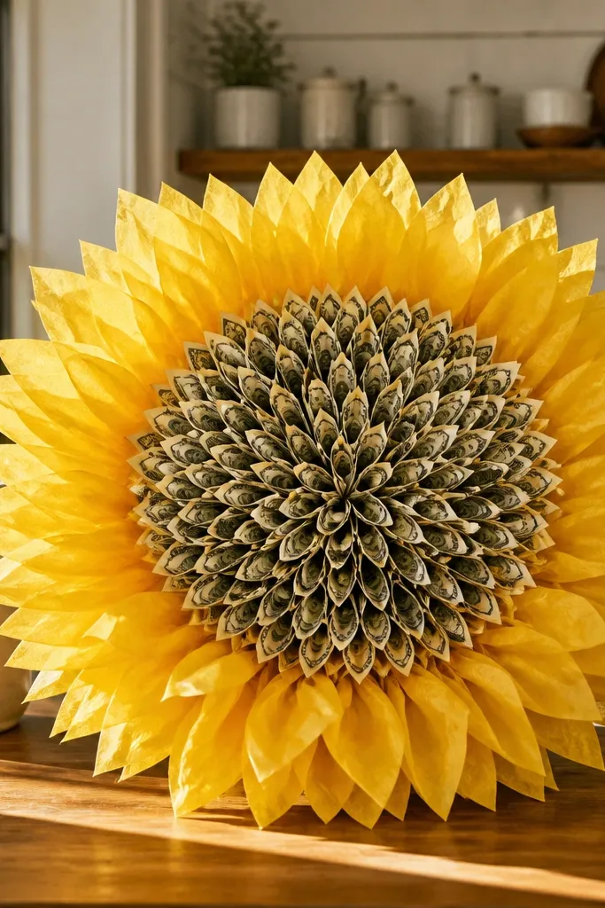 Sunflower money bouquet with yellow tissue petals and a money center