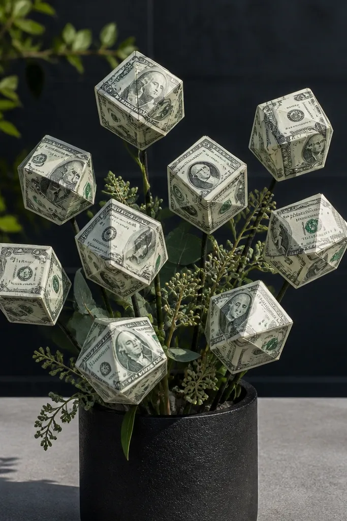 Geometric cube ornaments made from money bills arranged on a bouquet
