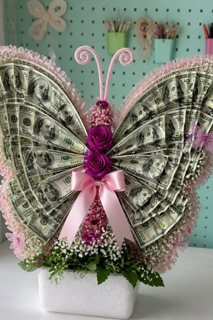 Money butterflies on wire stems with colorful ribbon and light greenery