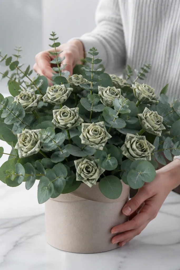 Money flowers with eucalyptus-style faux leaves and clean hidden stem wrap