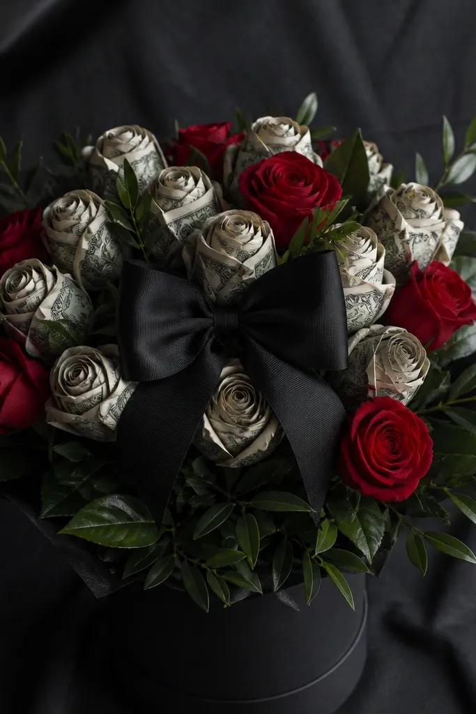 Red rose-like money blooms with black ribbon and dark greenery