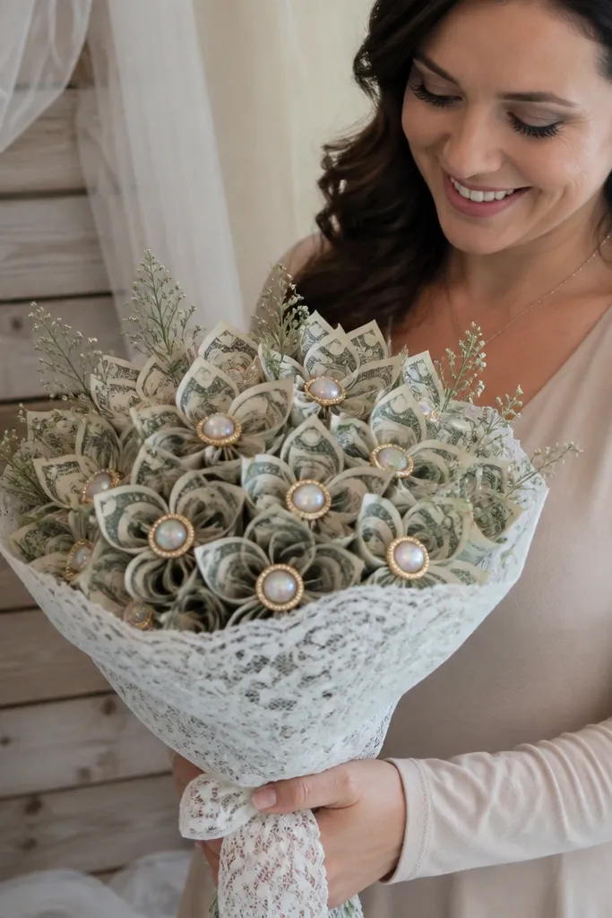 White lace wrap bouquet with money flowers and small pearl-like center discs