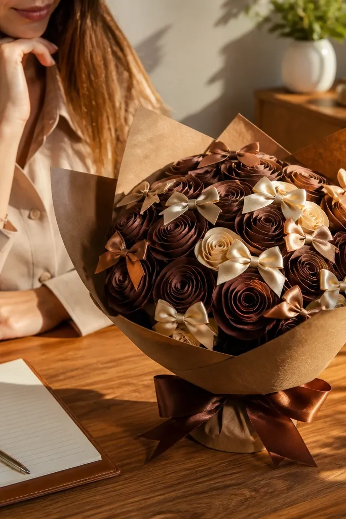 Brown-toned money bouquet with small bows on top of money flowers
