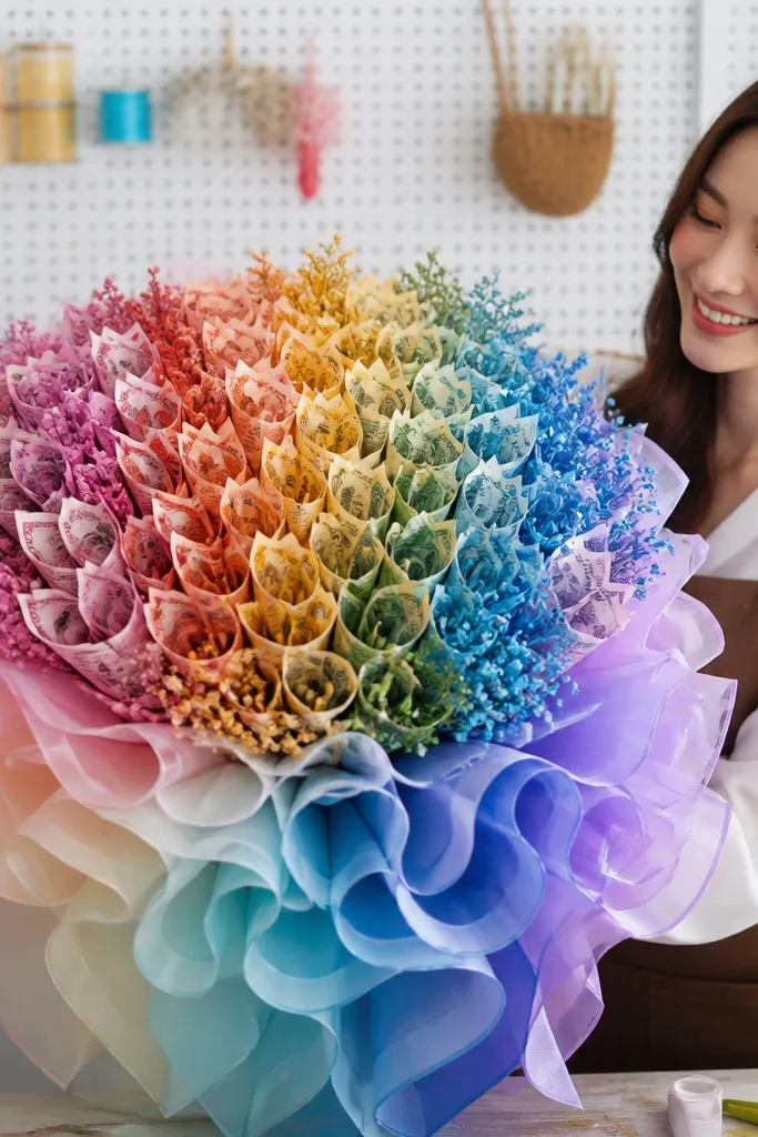 Rainbow money flowers with ombre ribbon ruffles and layered greenery