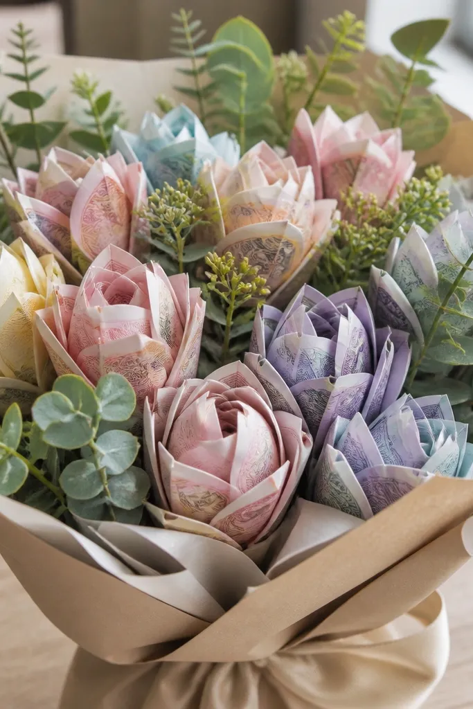 Money pocket petals with neatly hidden ends and layered greenery on a foam base