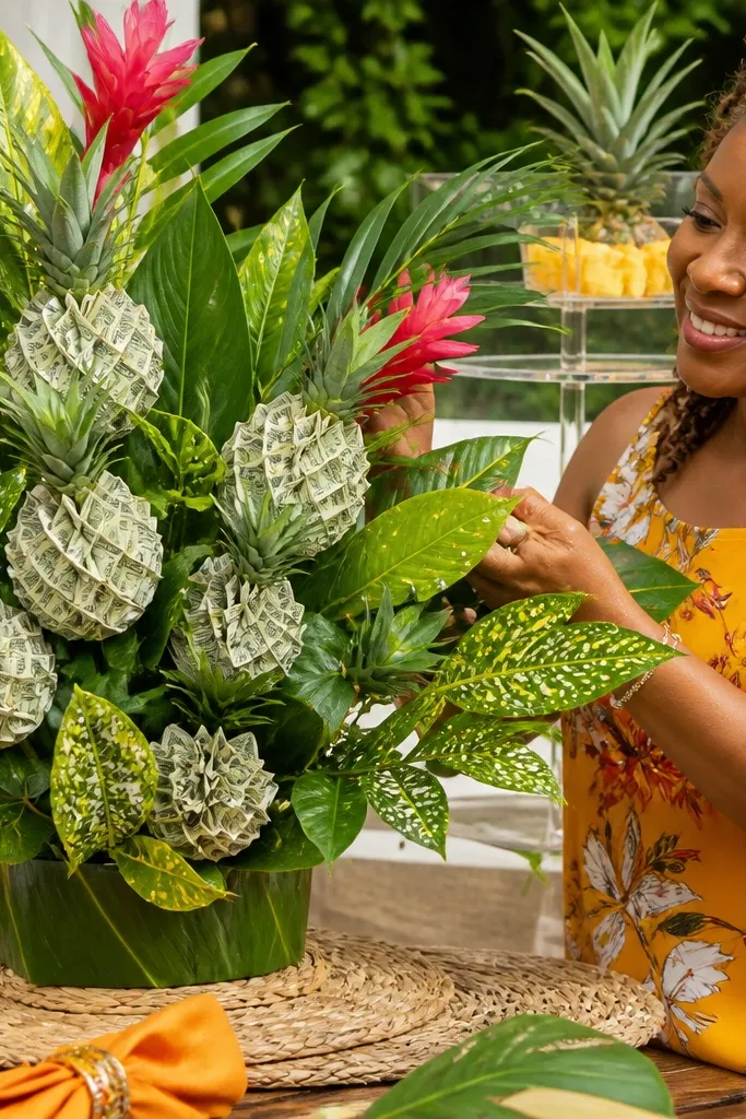 Tropical money bouquet with pineapple-shaped centers and leafy greenery