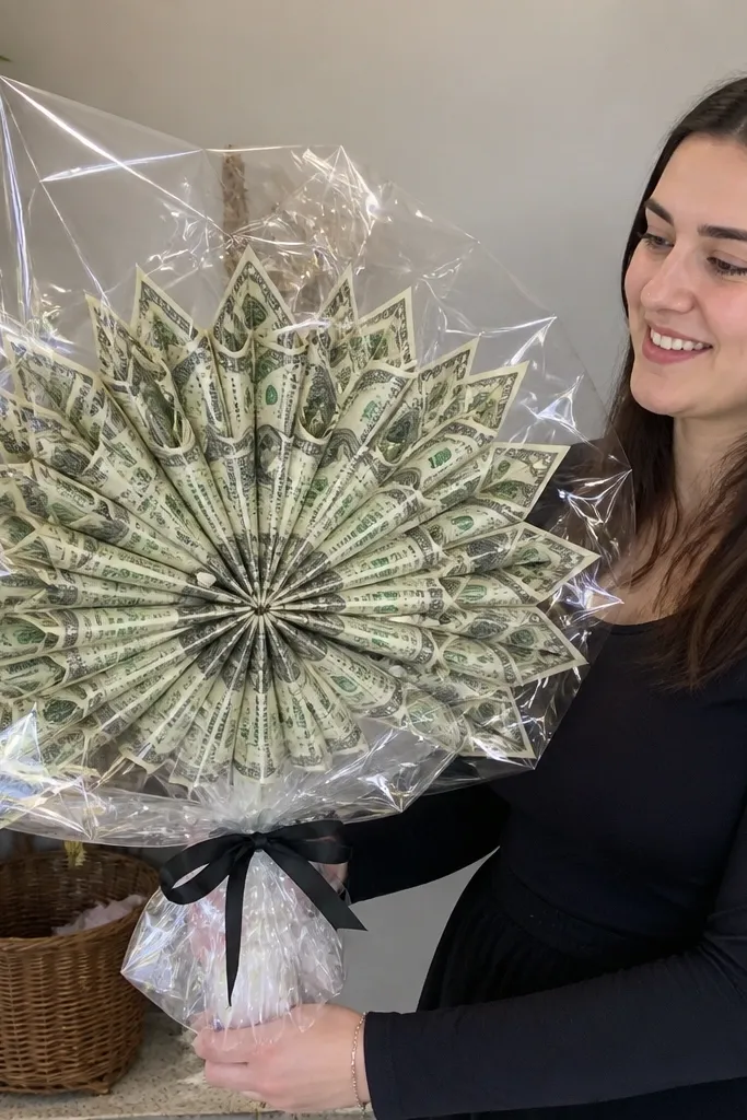 Starburst money bouquet with folded bill bursts and clear wrap around it