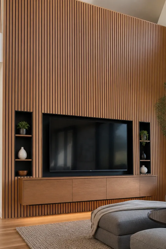 Tall oak slat wall with a centered TV niche and warm recessed lighting