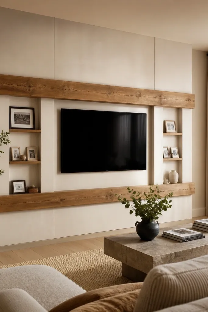 Matte plaster wall with a warm wood beam above the TV