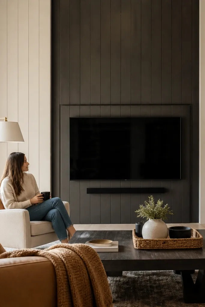 Light vertical panels with a darker center section holding the TV