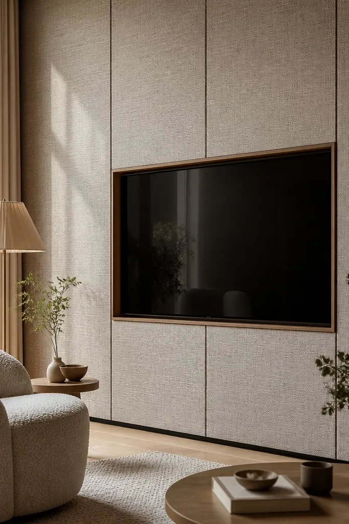 Soft fabric wall behind TV with slim wooden frame