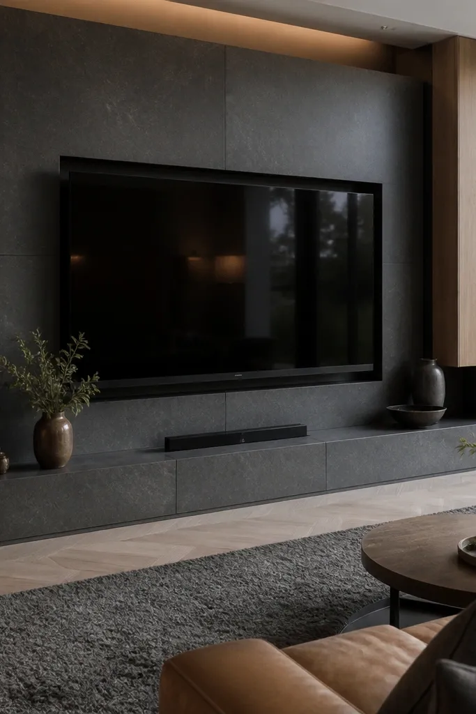 Charcoal TV plinth with floating wood side panels