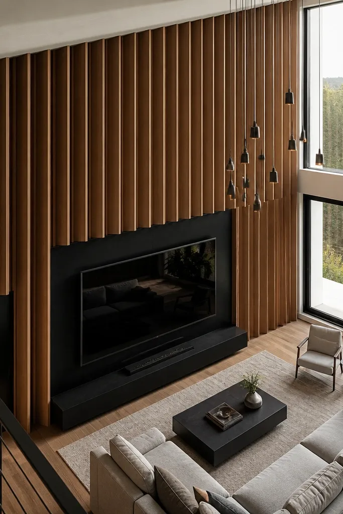 Angled wood slats rising up behind a centered TV