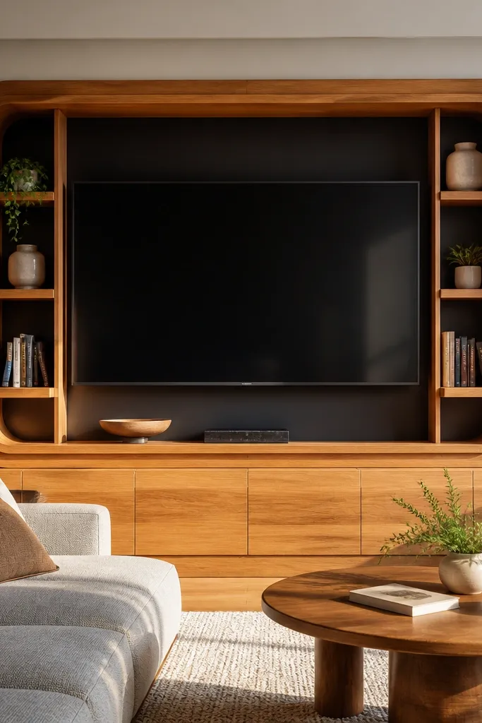 TV wall surround with rounded corners and warm oak trim