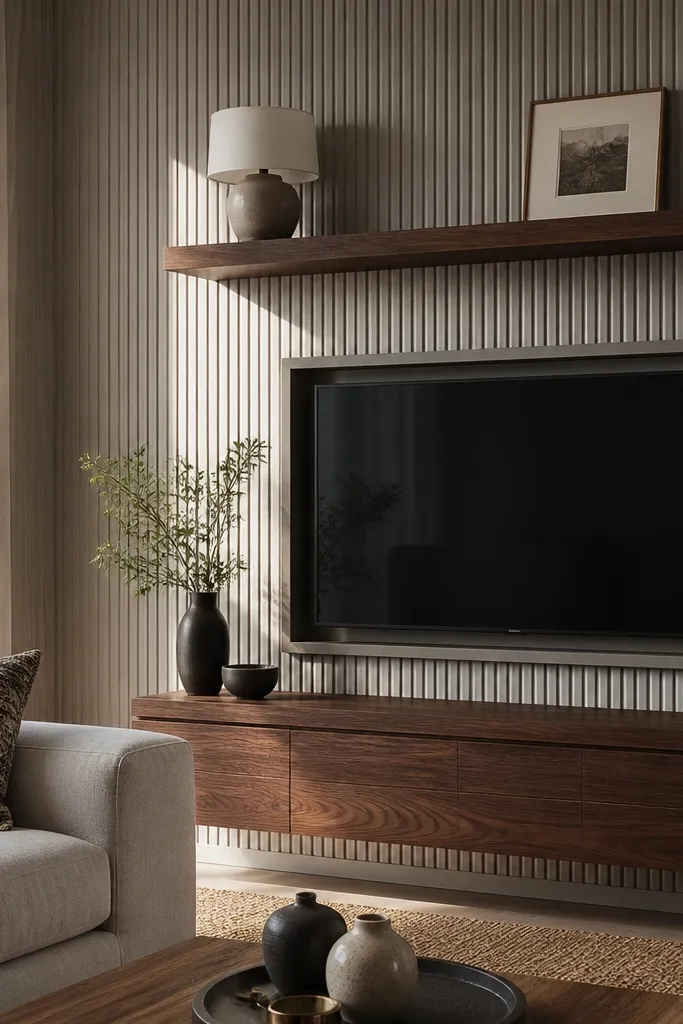 Ribbed wallpaper TV wall with a walnut floating shelf above