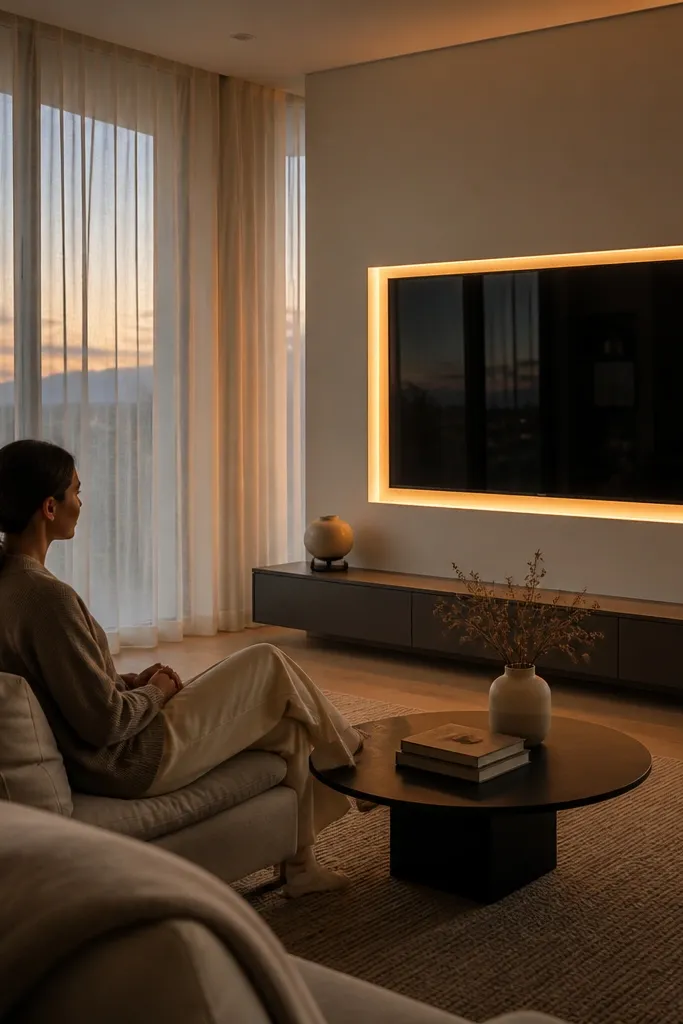 TV wall near windows with sheer curtains and a backlit niche