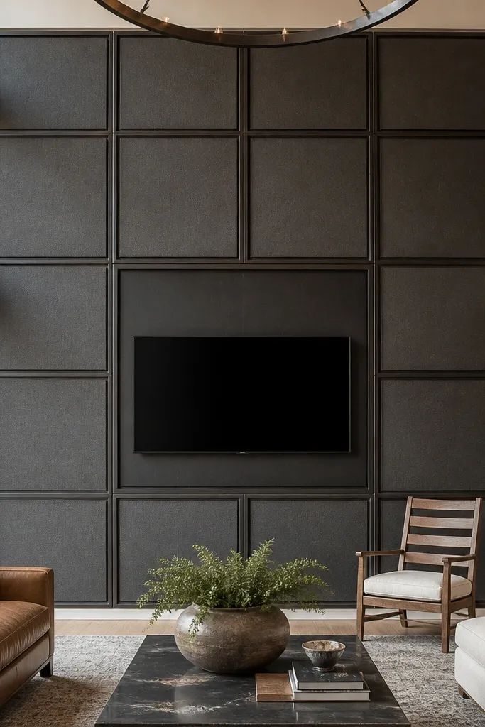 Framed acoustic panels stacked up with TV centered in the middle