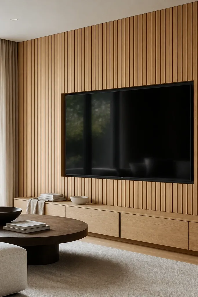 Light oak slat TV wall with a floating console below