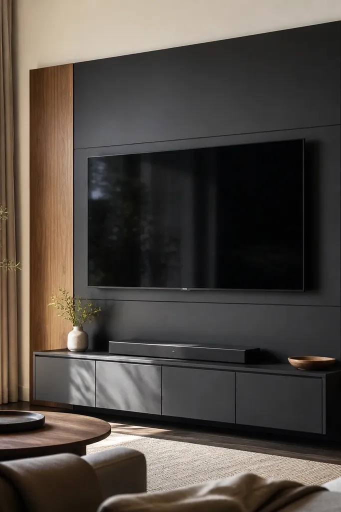 Matte black TV frame with warm wood side panels and tall curtains