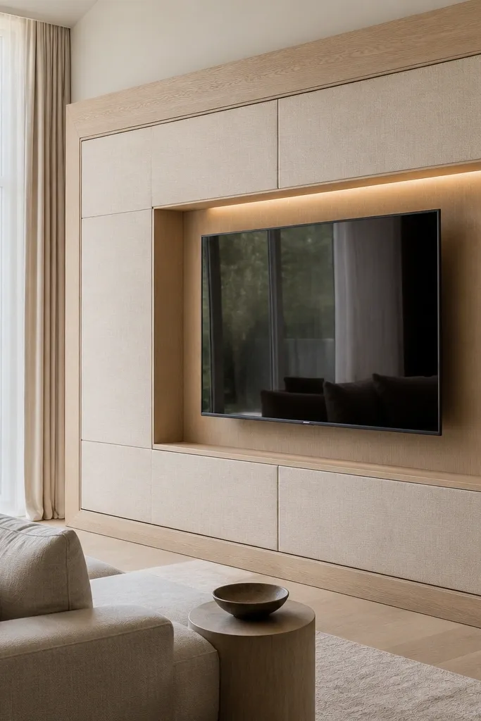 Recessed TV in white oak frame with linen fabric panels and warm lighting
