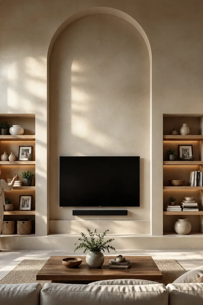 Warm plaster arch TV surround with shelves on each side