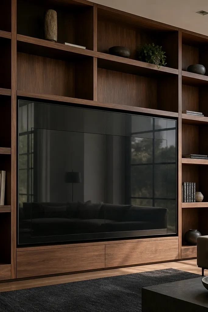 Smoked glass niche with walnut shelving frame around TV