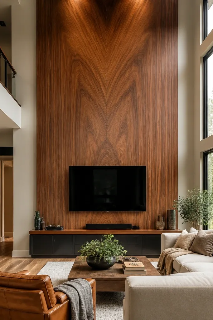 Bookmatched wood panels behind TV with a simple trim border