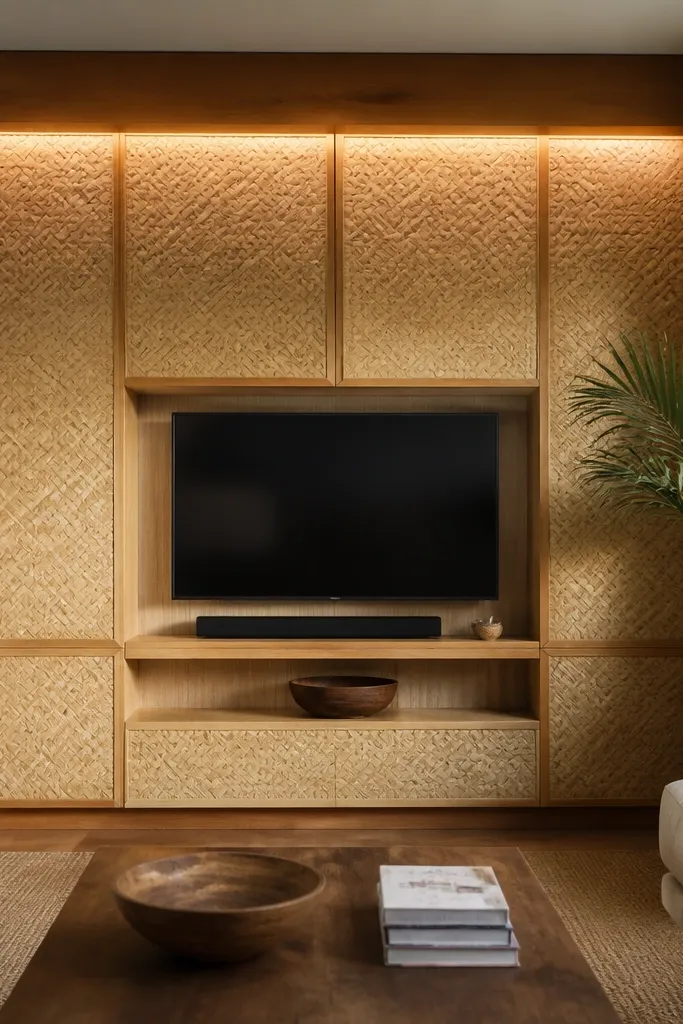 Woven bamboo panel wall with recessed TV and warm lighting