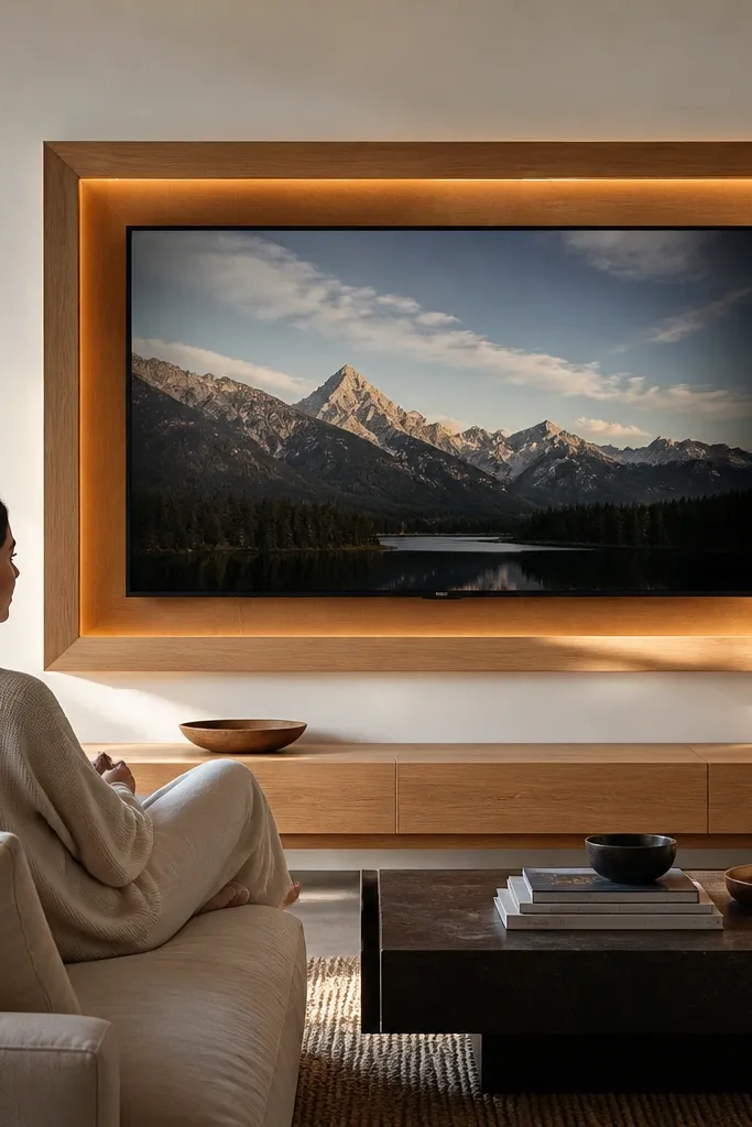 TV mounted inside a raised picture-frame border with warm LED glow