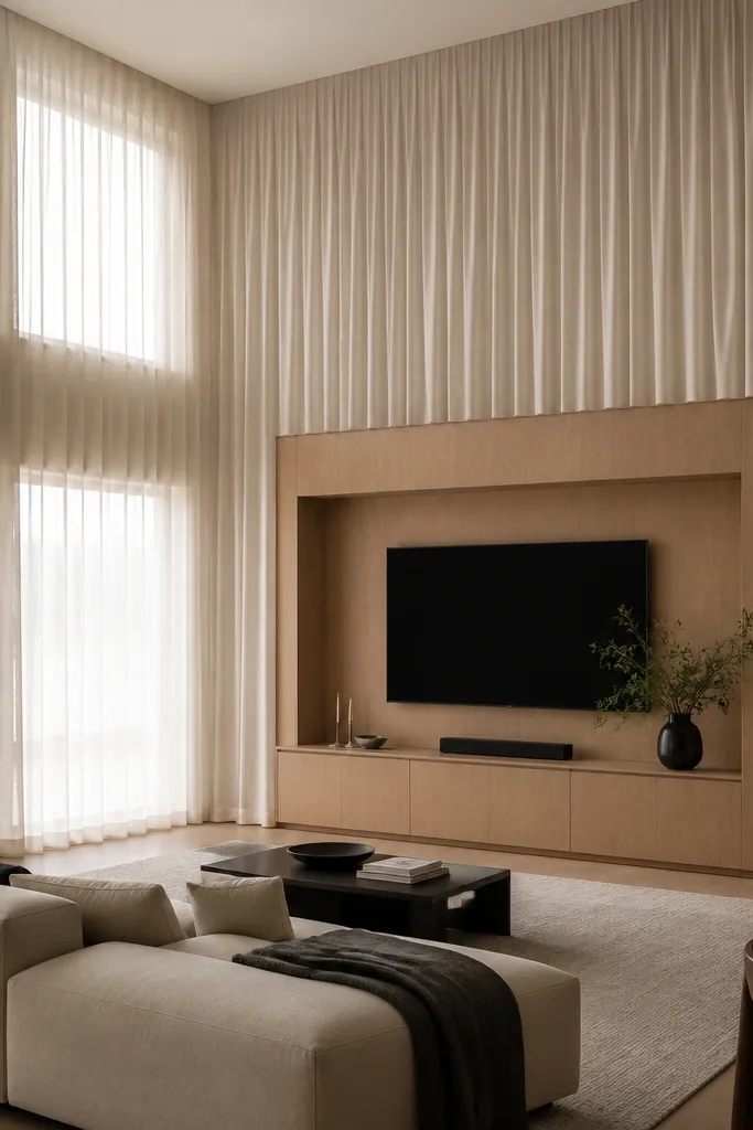 Curtains wrap around the TV wall with a simple modern surround