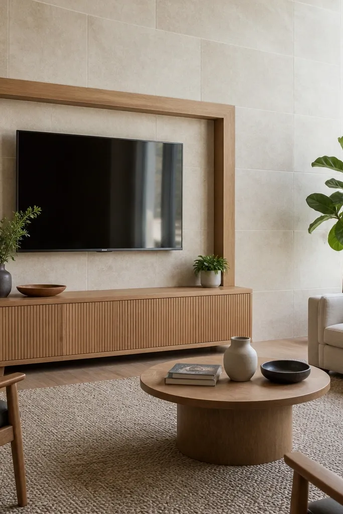 Limestone-look tile wall with recessed TV and a soft wood border