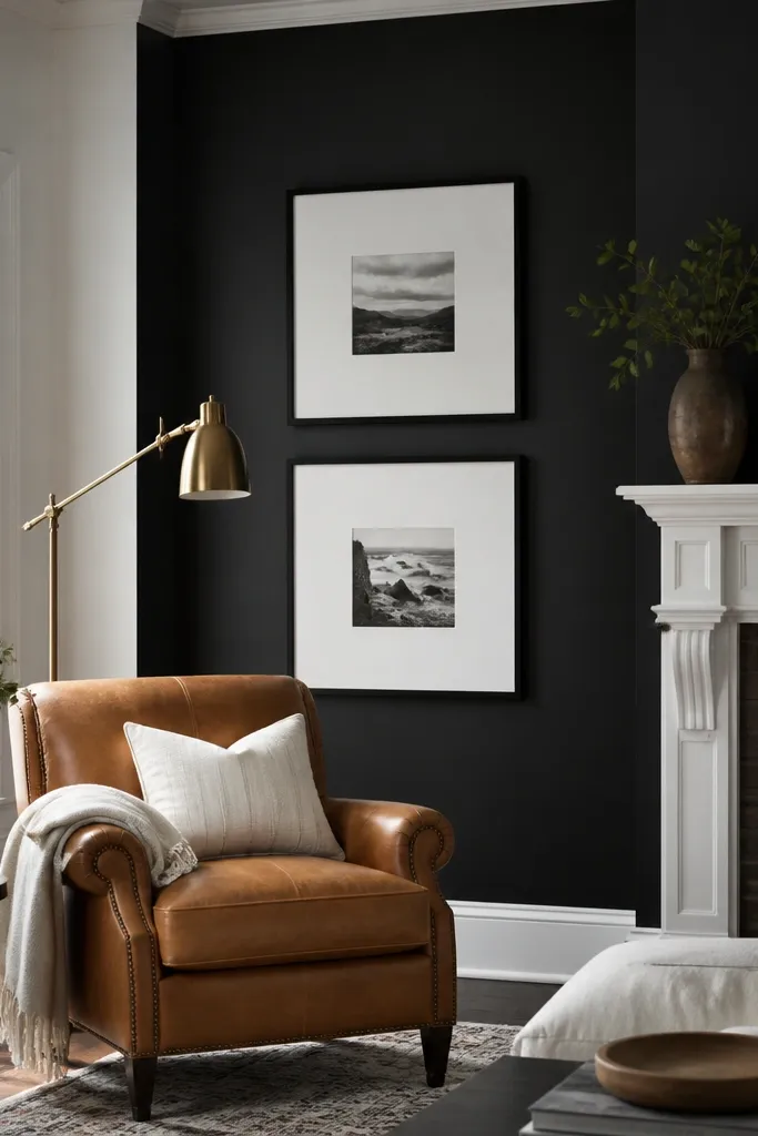 Charcoal walls with warm white trim, tan leather sofa, brass lamp