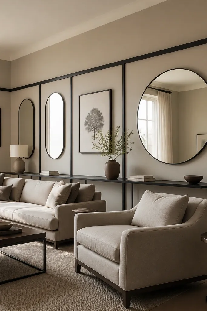 Greige walls with creamy ceiling and black picture rail, layered neutral decor