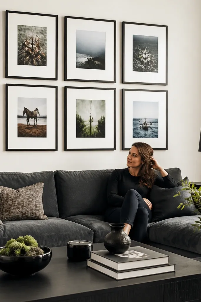 Soft white walls with charcoal gallery frames and steel gray sofa