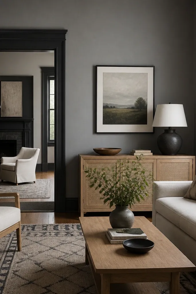 Oyster gray walls with black door frames and patterned rug
