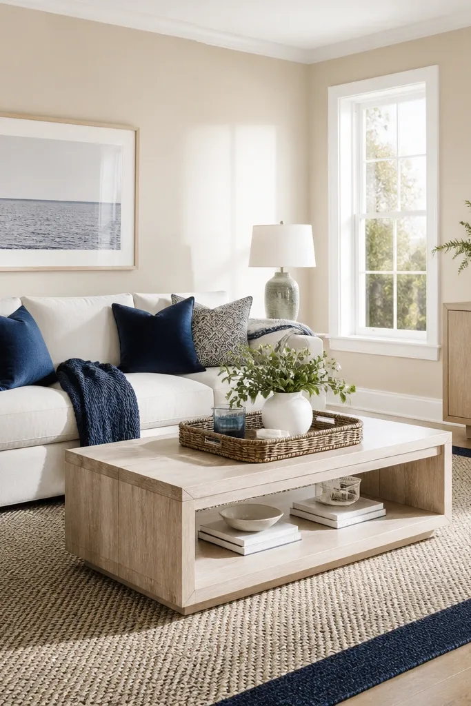 Light sand beige walls with white oak furniture and navy pillows