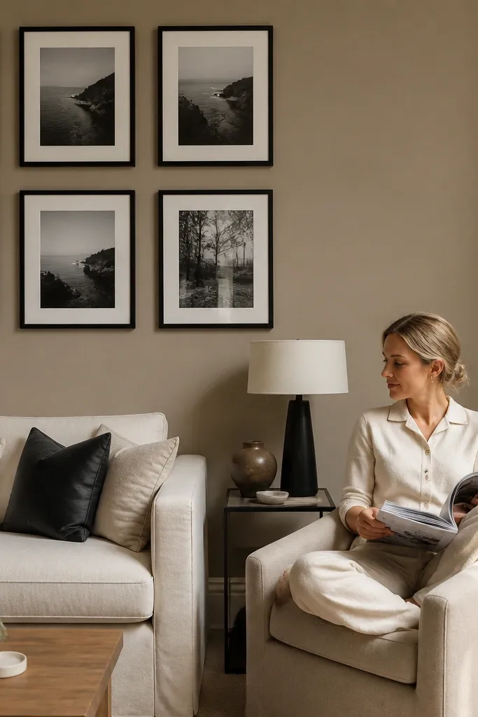 Warm taupe walls with black-and-white frames and creamy sofa