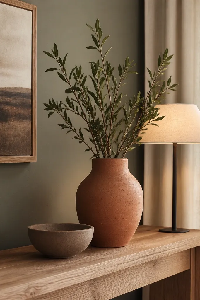 Olive-gray walls with off-white trim and terracotta pottery on console
